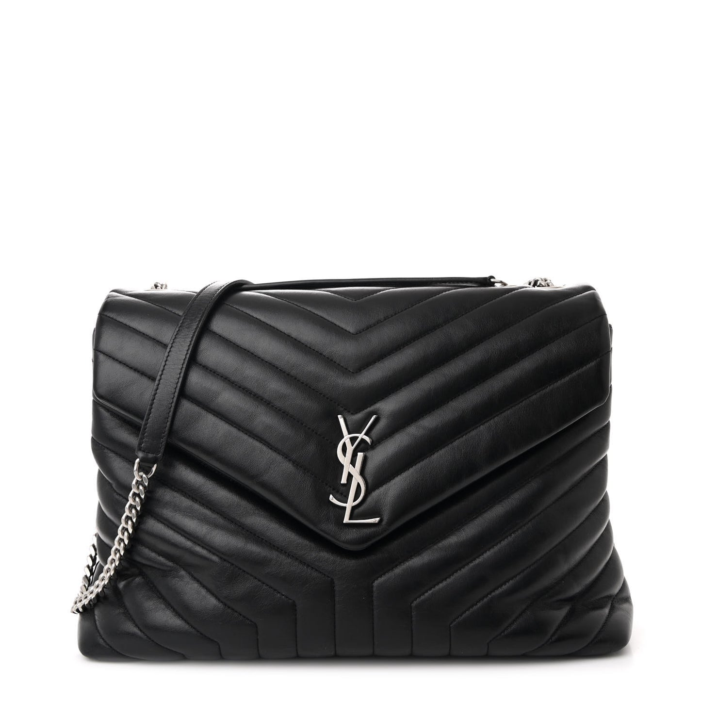 Calfskin Y Quilted Monogram Large Loulou Chain Satchel Black
