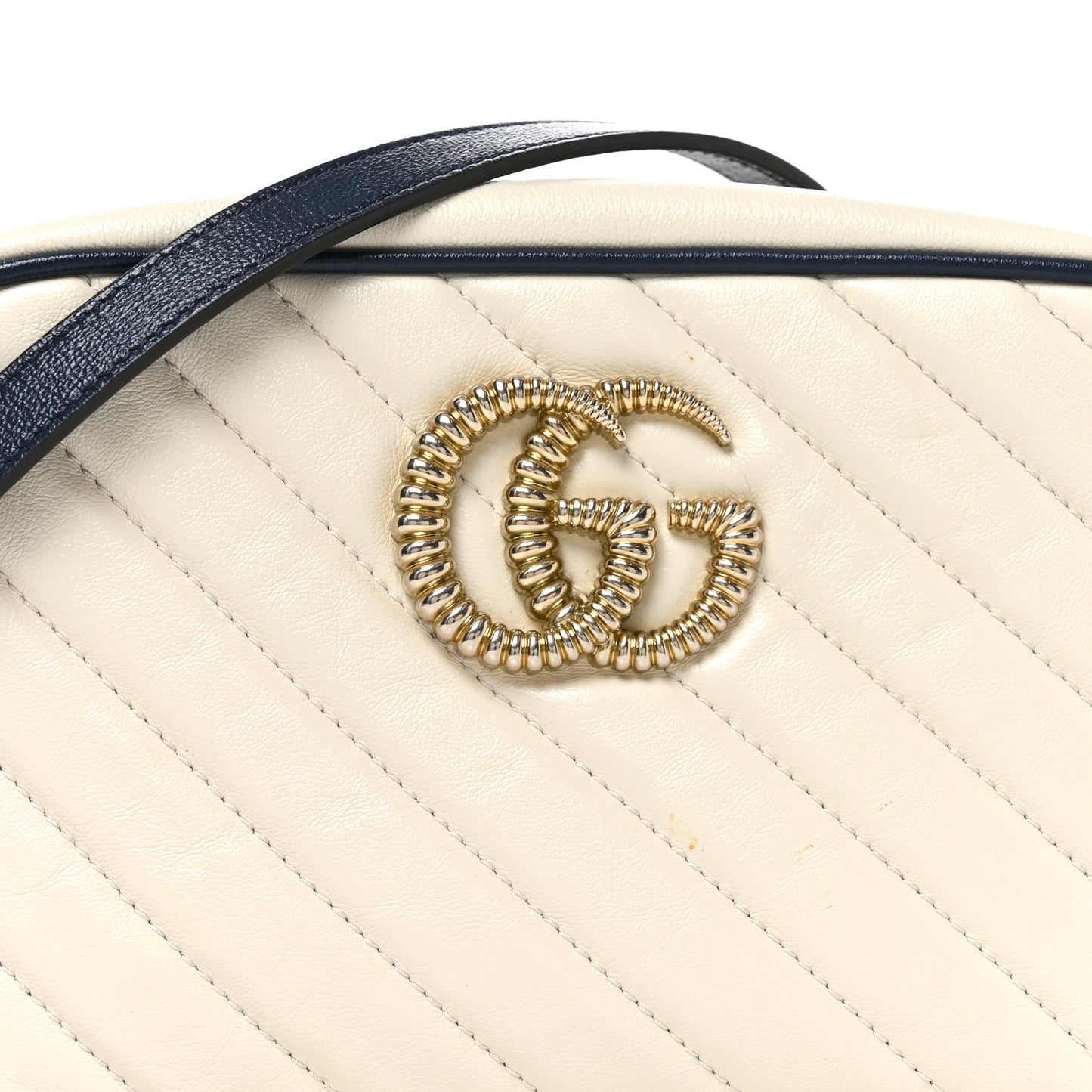Vintage Effect Calfskin Matelasse Diagonal Small Torchon GG Marmont Chain Shoulder Bag Mystic White Blue Agata