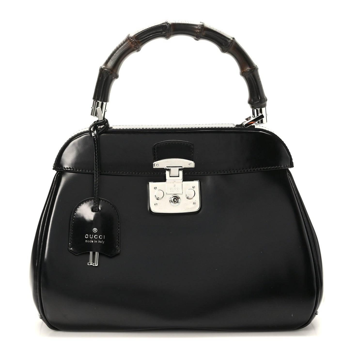 Regent Calfskin Bamboo Medium Lady Lock Top Handle Bag Black