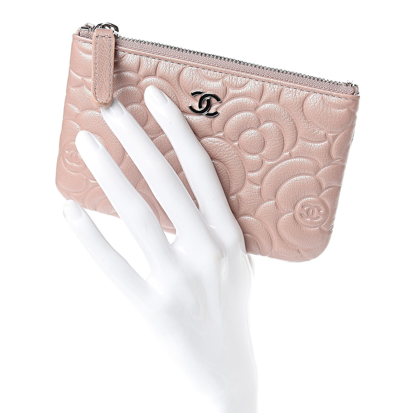 Goatskin Camellia Embossed Cosmetic Pouch Light Pink