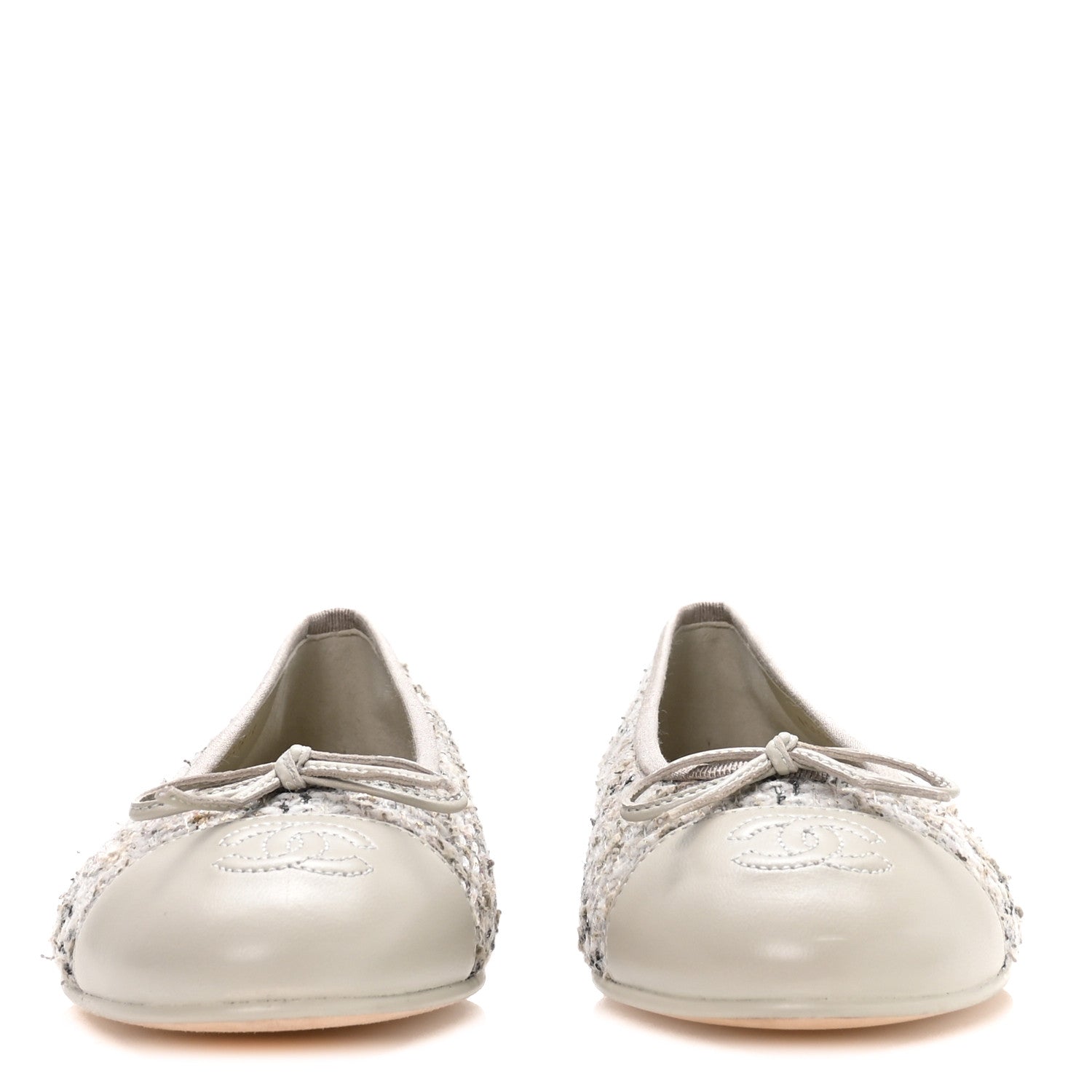 Chanel Wool Cotton Tweed Lambskin Cap Toe Ballerina Flats 37.5 Gray Black Gold 3 of 9