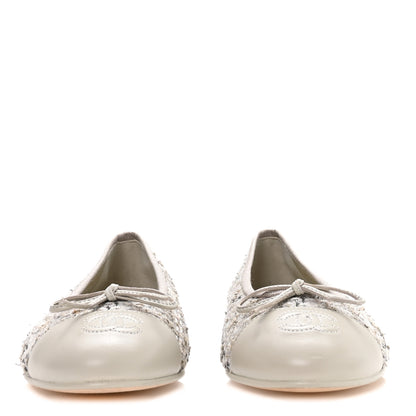 Chanel Wool Cotton Tweed Lambskin Cap Toe Ballerina Flats 37.5 Gray Black Gold 3 of 9