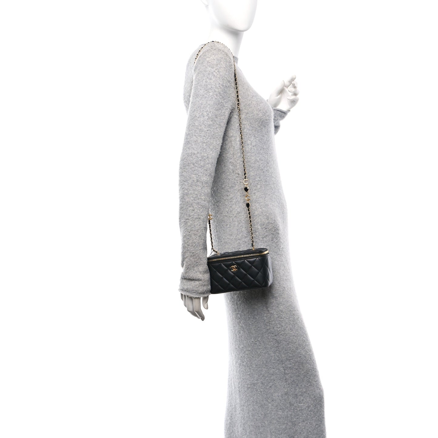 Lambskin Enamel Quilted Small Coco Hearts Vanity Case With Chain Black