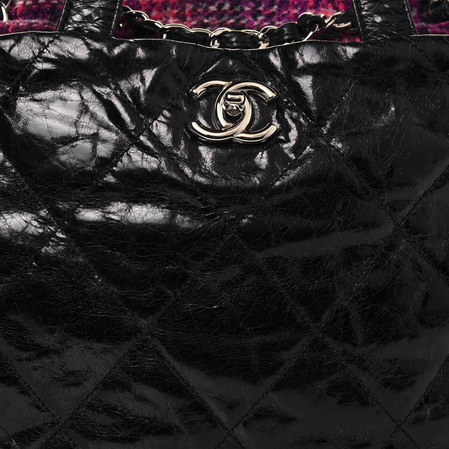 Glazed Calfskin Quilted Tweed Portobello Tote Black Pink