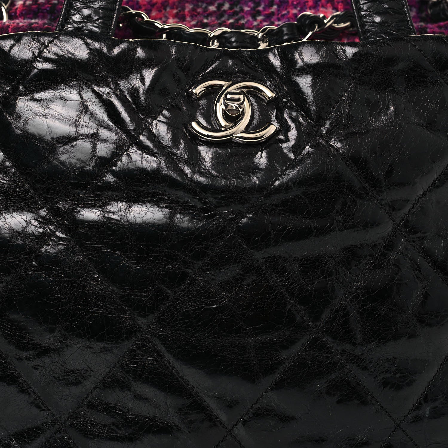 Chanel Glazed Calfskin Quilted Tweed Portobello Tote Black Pink 8 of 15