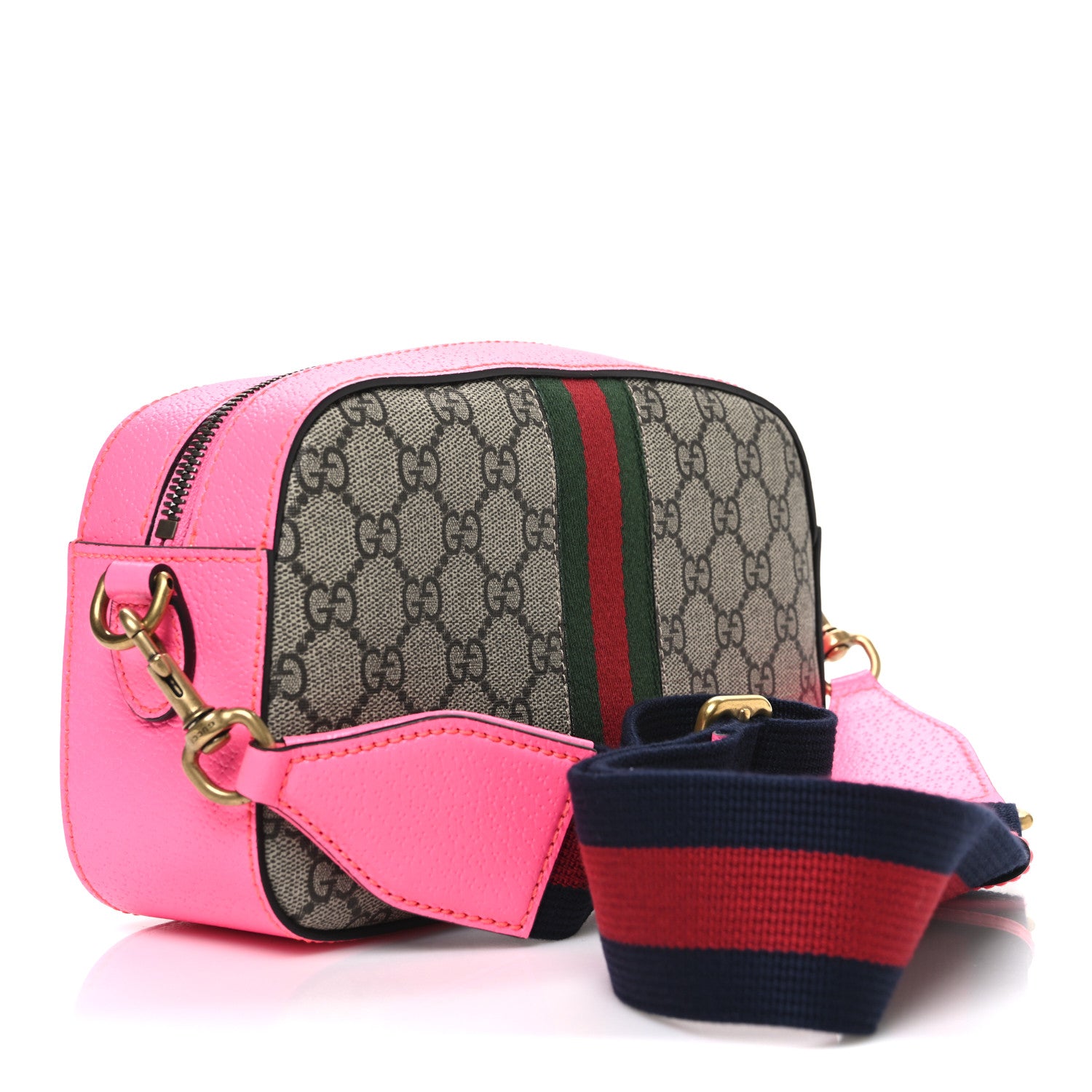 Gucci GG Supreme Monogram Textured Dollar Calfskin Web Ophidia Small Crossbody Bag Beige Ebony Fuchsia 3 of 10