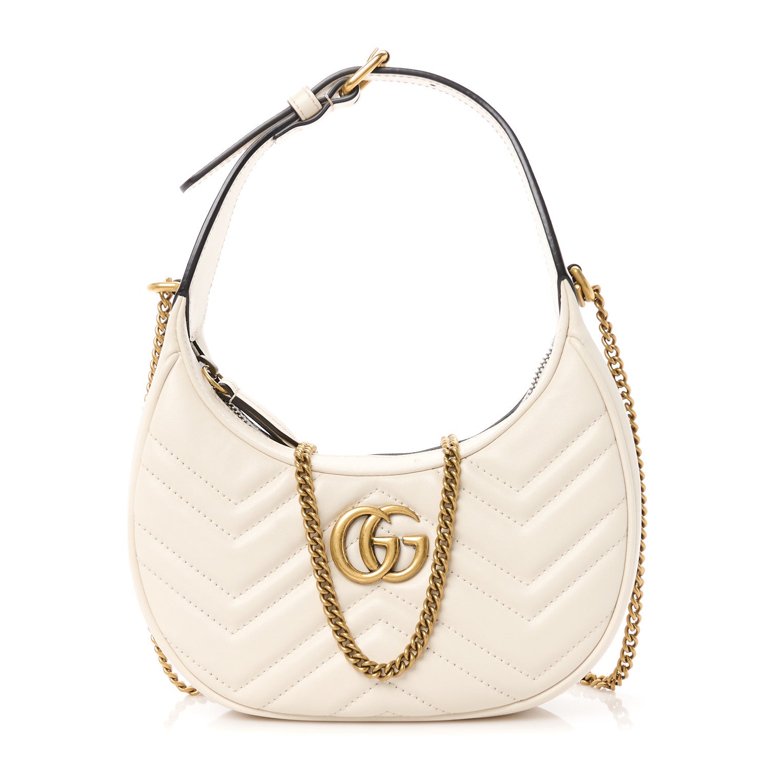 Gucci Calfskin Matelasse Chevron Mini GG Marmont Half Moon Hobo Mystic White 1 of 10