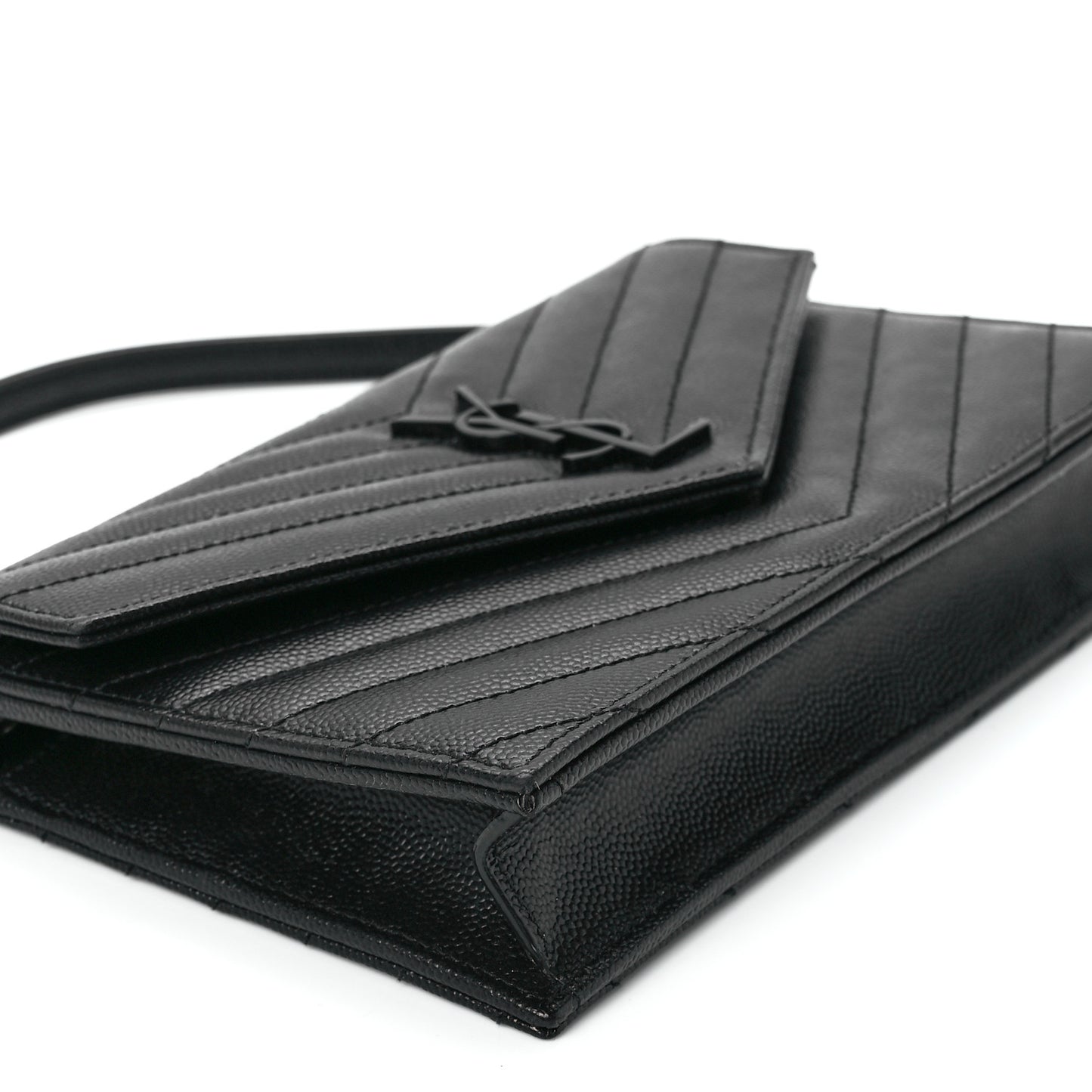 Grain De Poudre Matelasse Chevron Monogram Monochrome Envelope Chain Wallet Black
