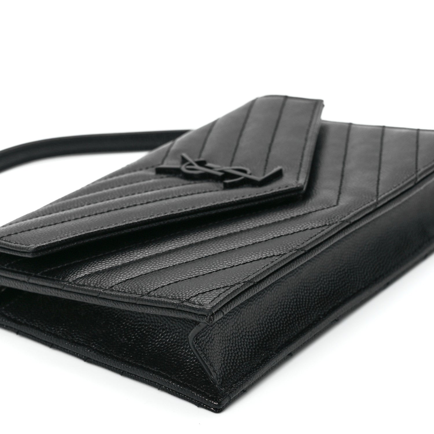 Saint Laurent Grain De Poudre Matelasse Chevron Monogram Monochrome Envelope Chain Wallet Black 10 of 12