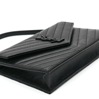 Saint Laurent Grain De Poudre Matelasse Chevron Monogram Monochrome Envelope Chain Wallet Black 10 of 12
