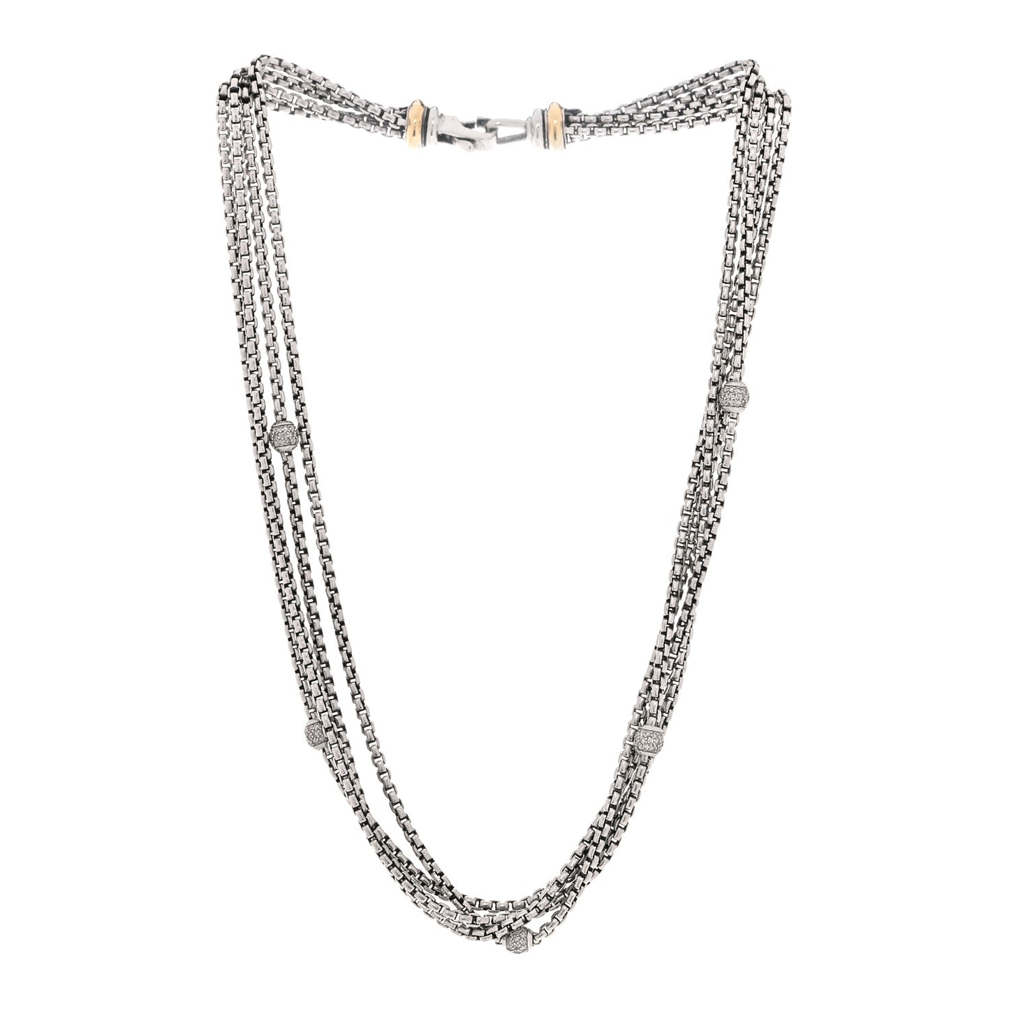 Sterling Silver 18K Yellow Gold Diamond Box Chain Four Strand Necklace