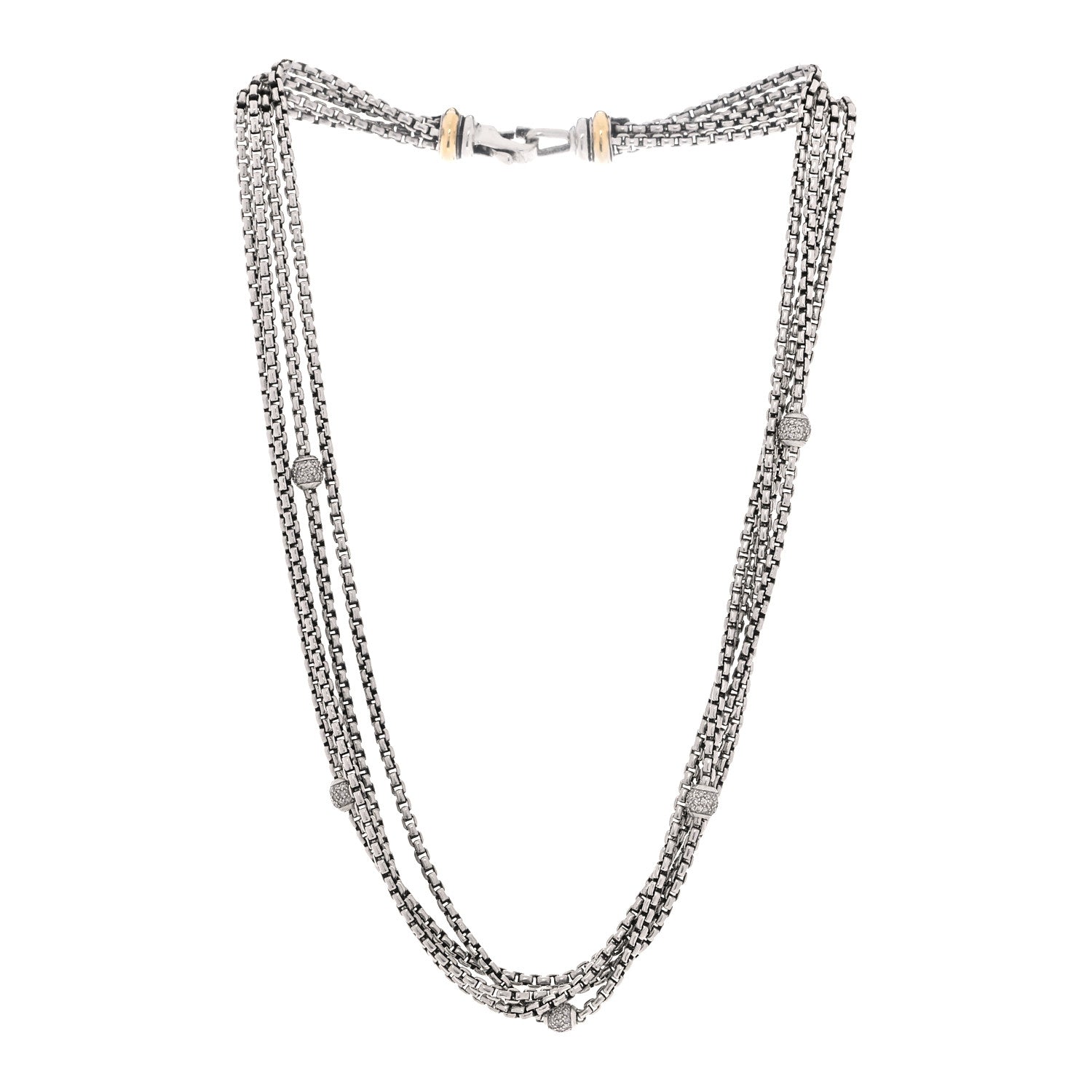 David Yurman Sterling Silver 18K Yellow Gold Diamond Box Chain Four Strand Necklace 2 of 5
