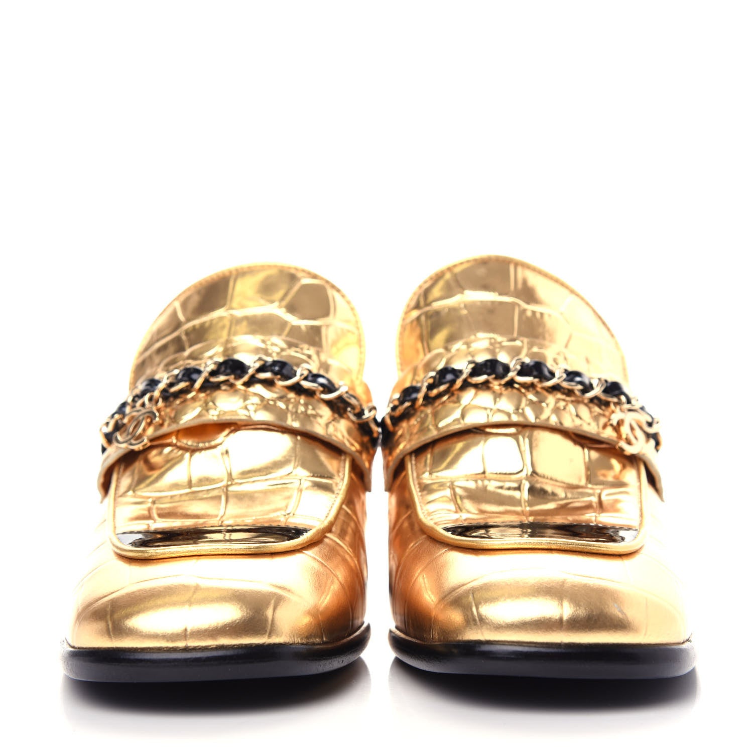 Chanel Metallic Crocodile Embossed Calfskin CC Chain Mocassin Loafers 38 Gold 2 of 11
