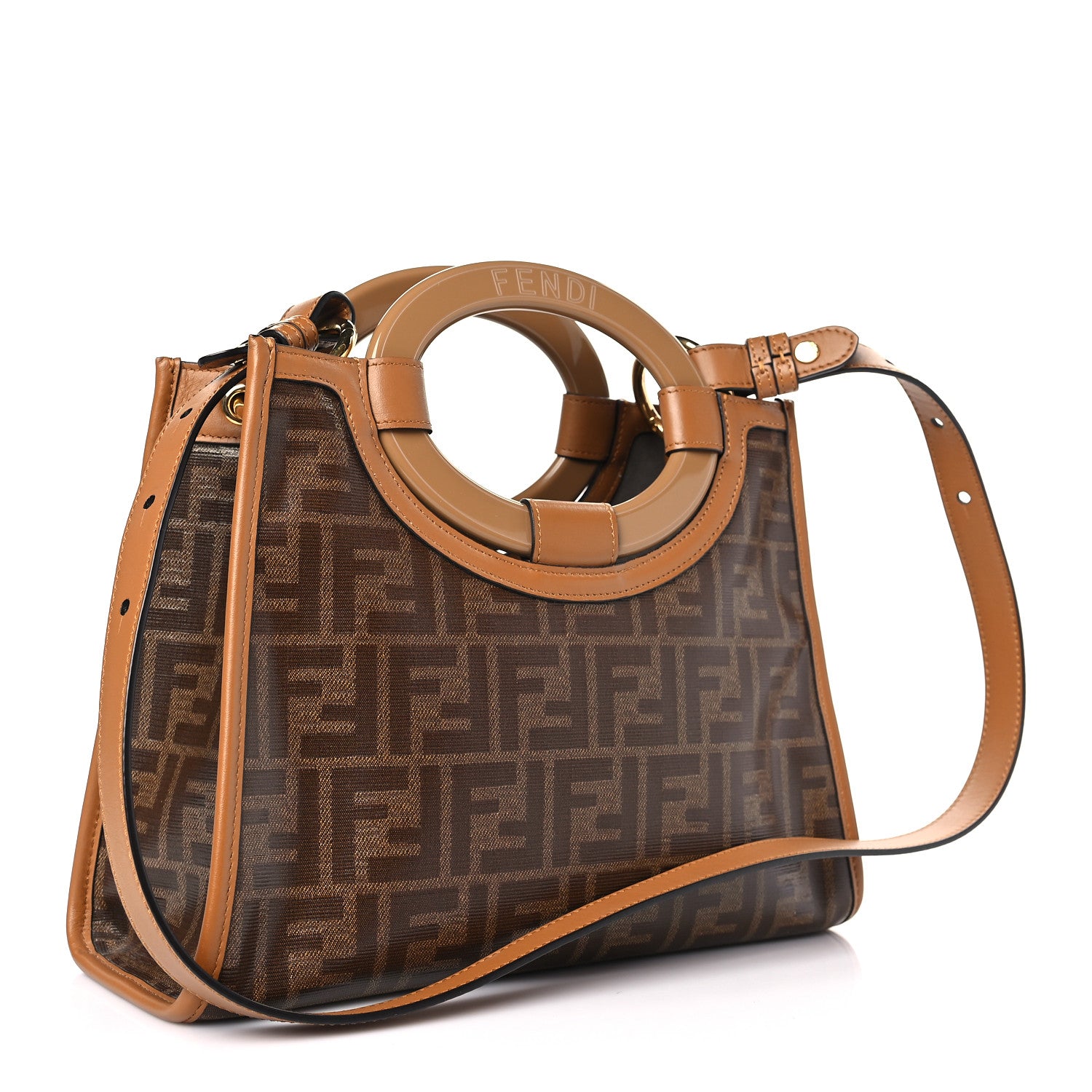 Fendi Glazed Fabric Vitello Century Plexiglass FF 1974 Stamp Patch Small Runaway Shopper Tote Mogano Panna Nocciola 3 of 9