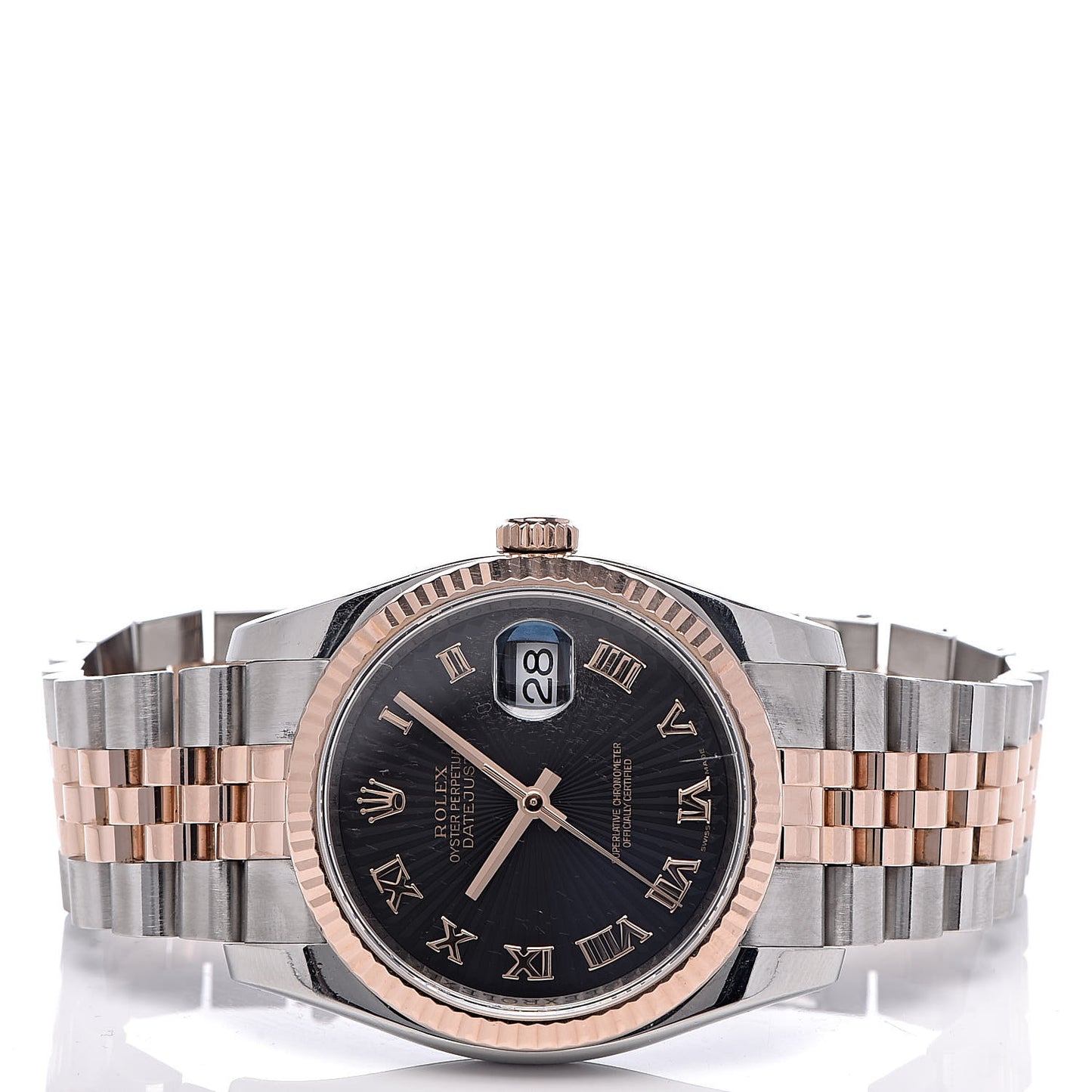 Stainless Steel 18K Everose Gold 36mm Oyster Perpetual Datejust Watch Black Sunburst Roman 116231