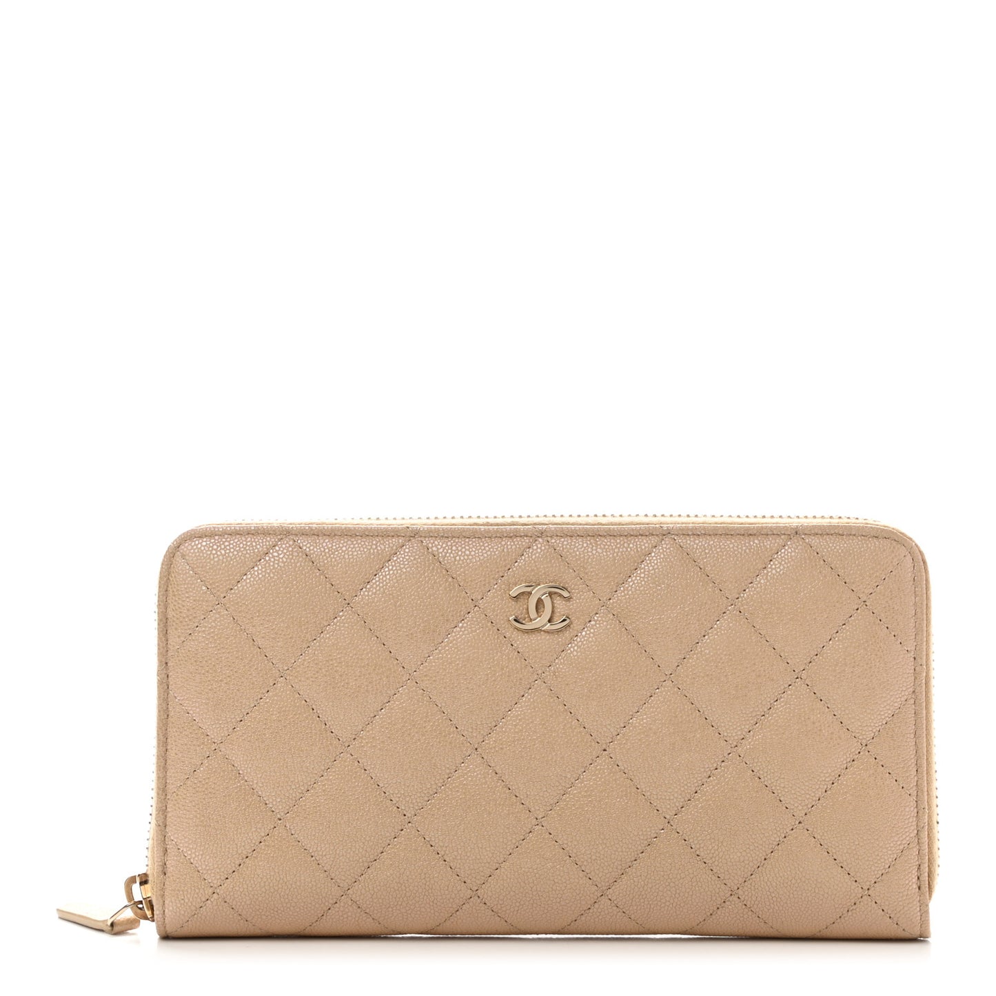 Iridescent Caviar Quilted Large Gusset Zip Around Wallet Beige Clair