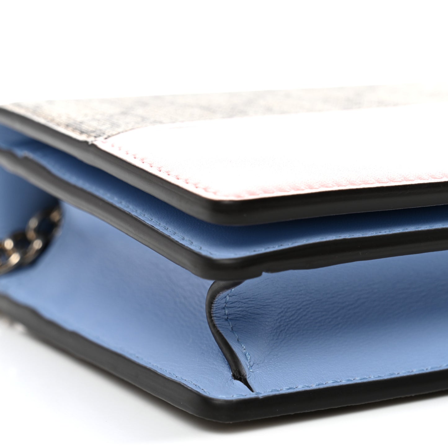 GG Supreme Monogram Textured Dollar Calfskin Mini GG Marmont Chain Wallet Light Pink Blue Beige