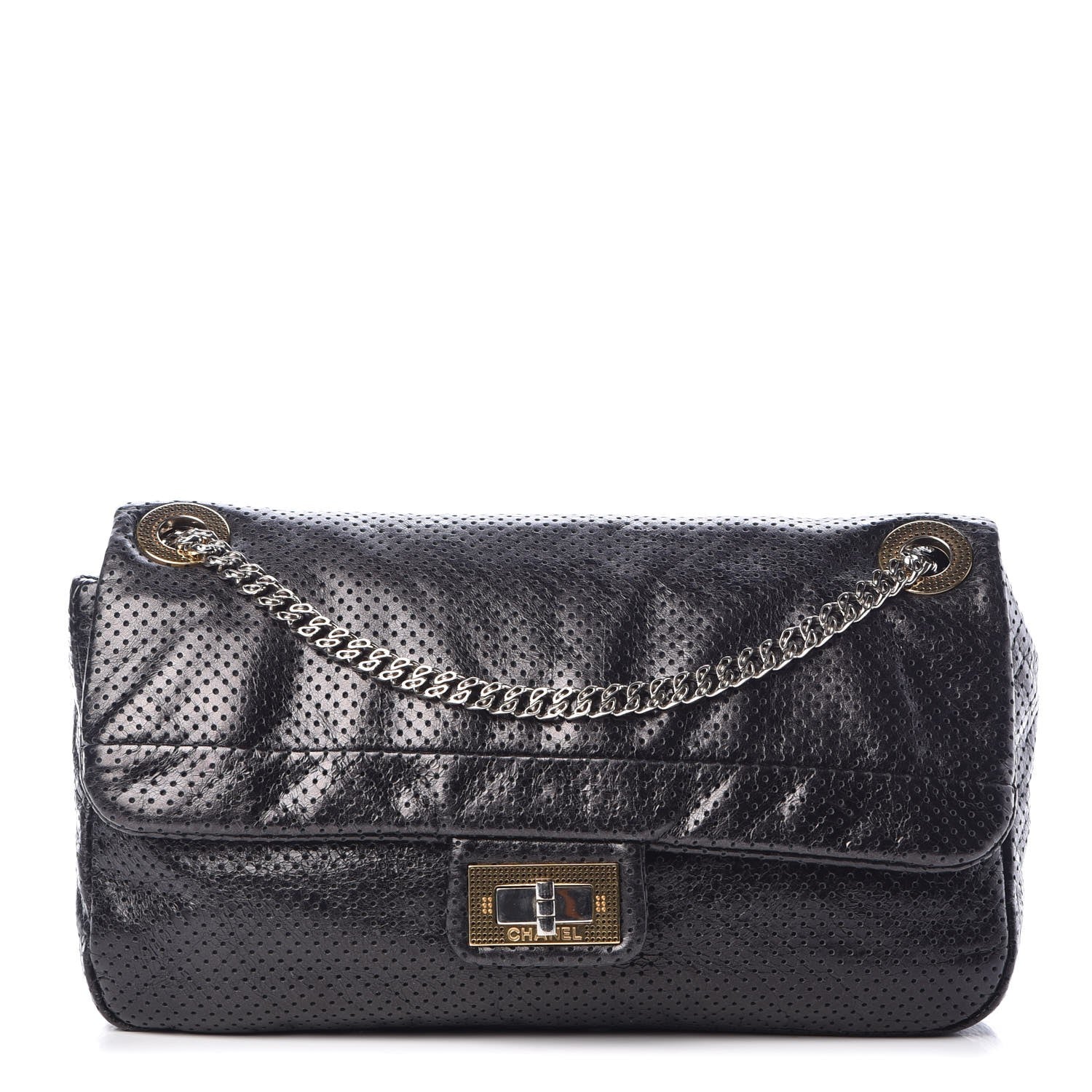 Chanel Metallic Crackled Calfskin Large Perforated Drill Flap Black 1 of 7