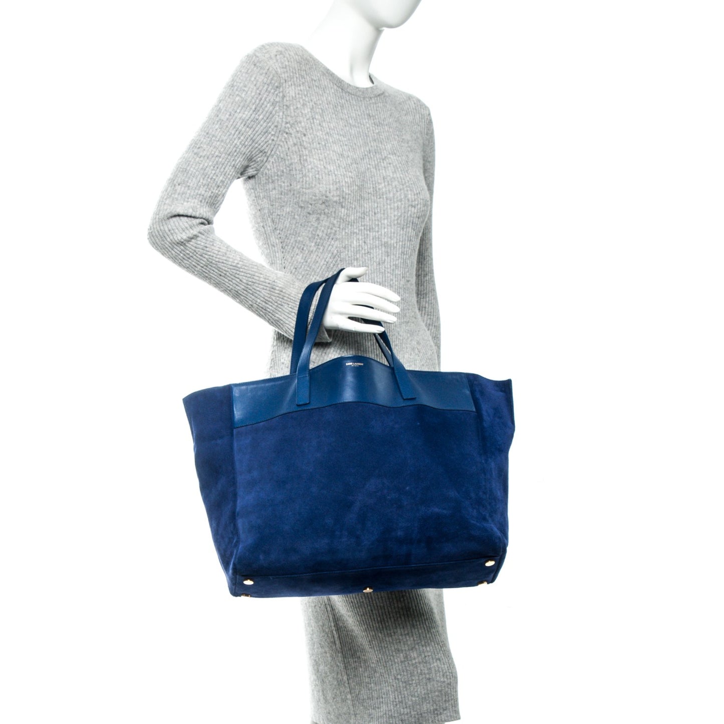 Calfskin Suede Reversible East West Shopper Tote Blue