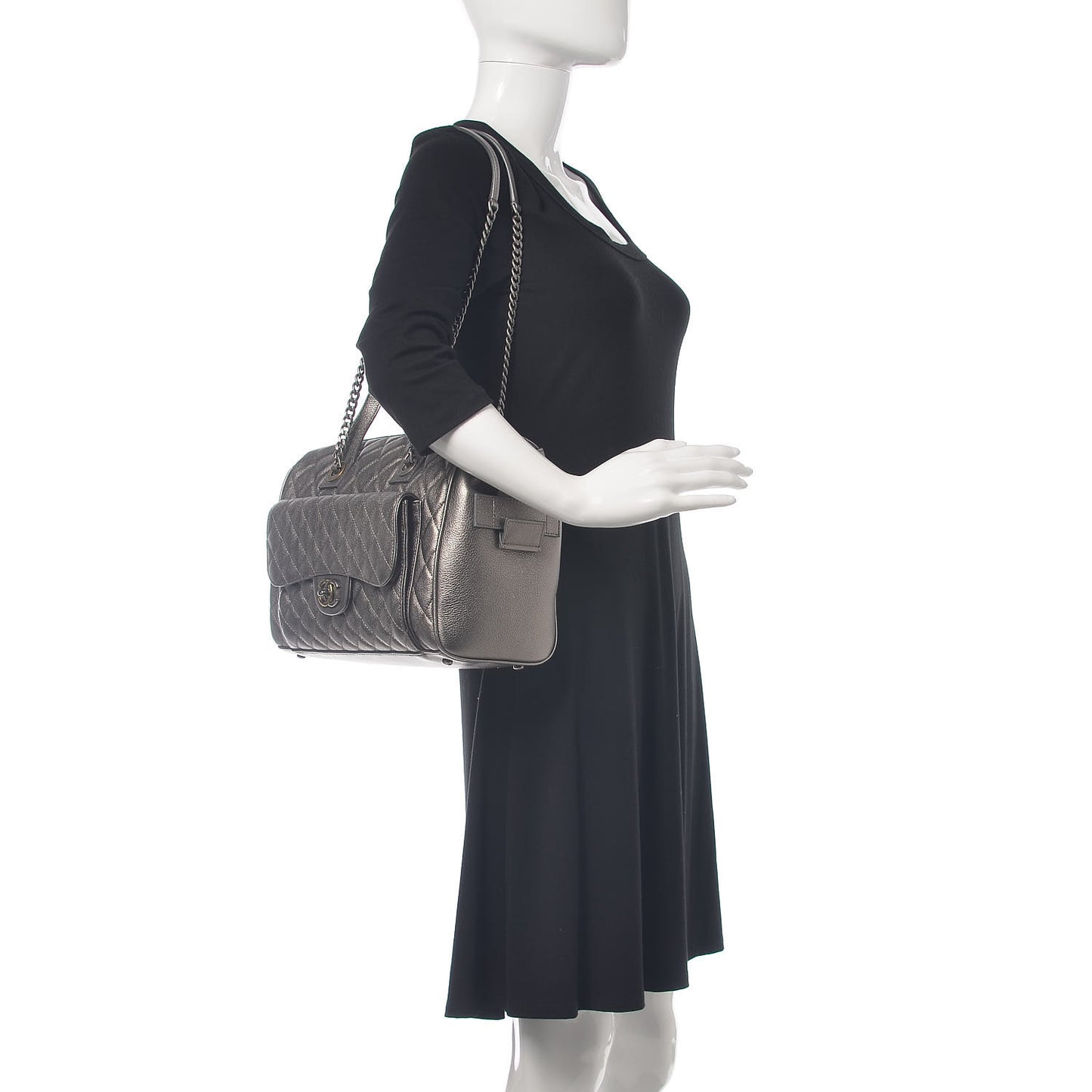 Metallic Grained Calfskin Quilted Large Casual Pocket Bowling Bag Silver