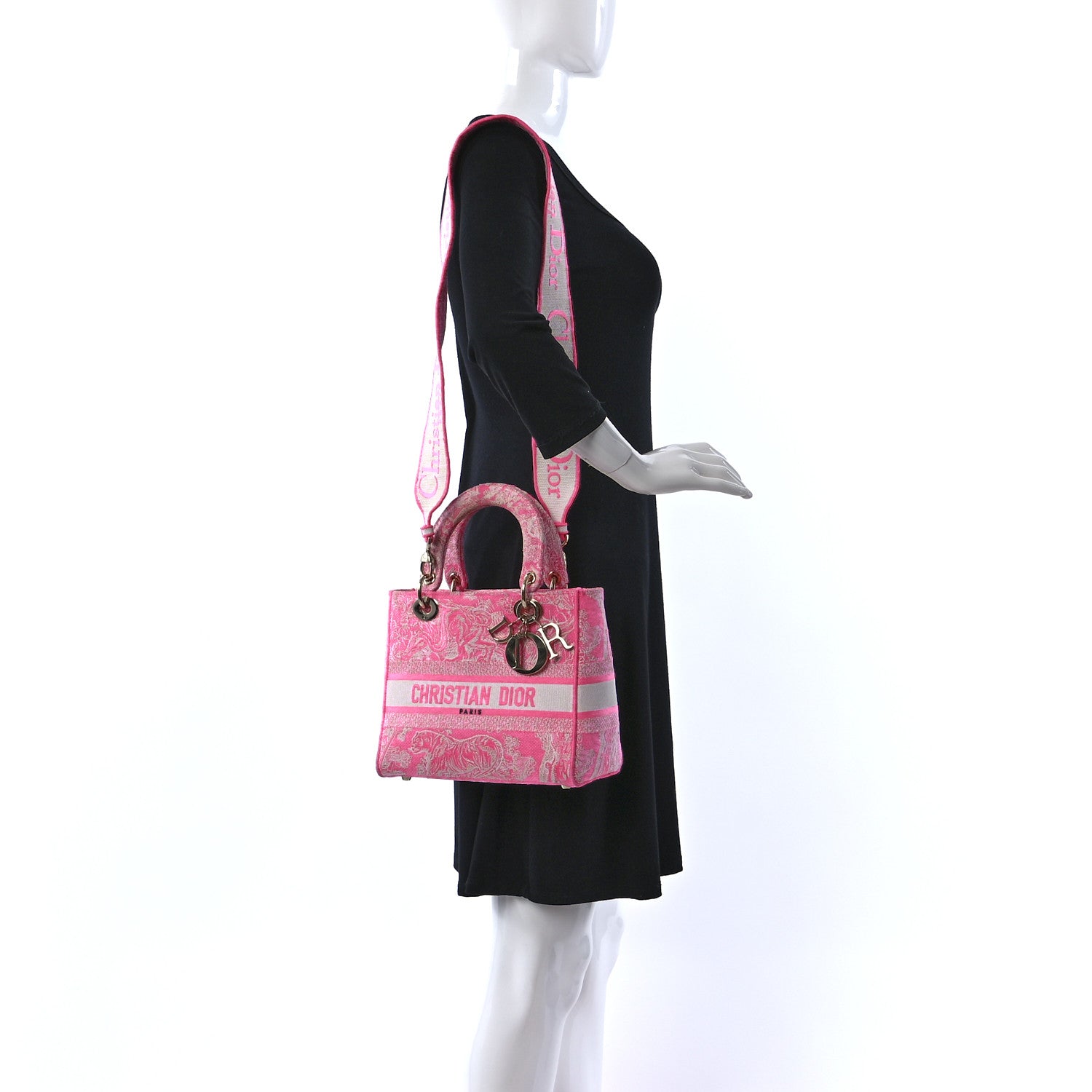 Christian Dior Canvas Toile De Jouy Reverse Embroidered Medium Lady D-Lite Fluorescent Pink 2 of 17