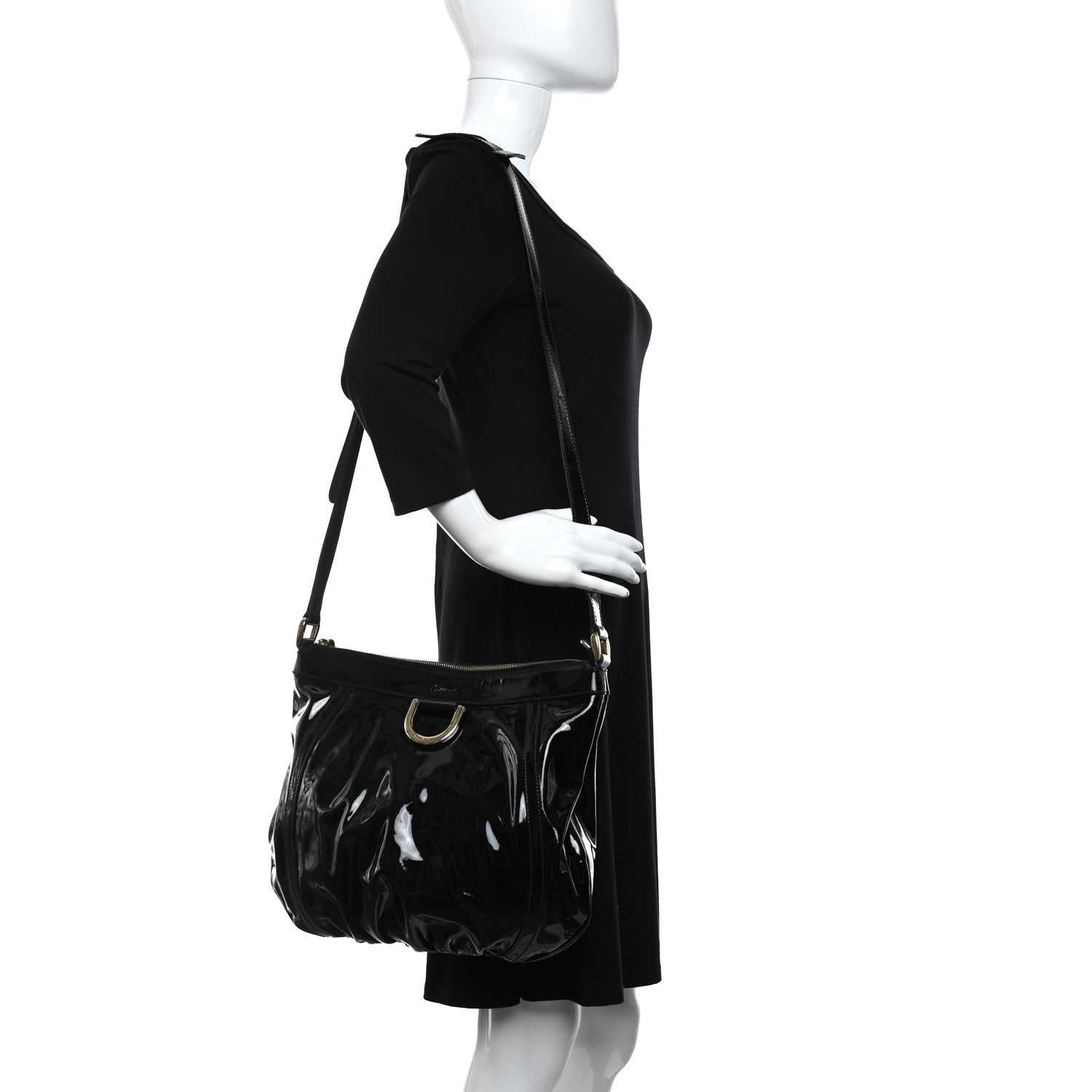 Gucci Patent Large D Gold Ring Messenger Black 2 of 10