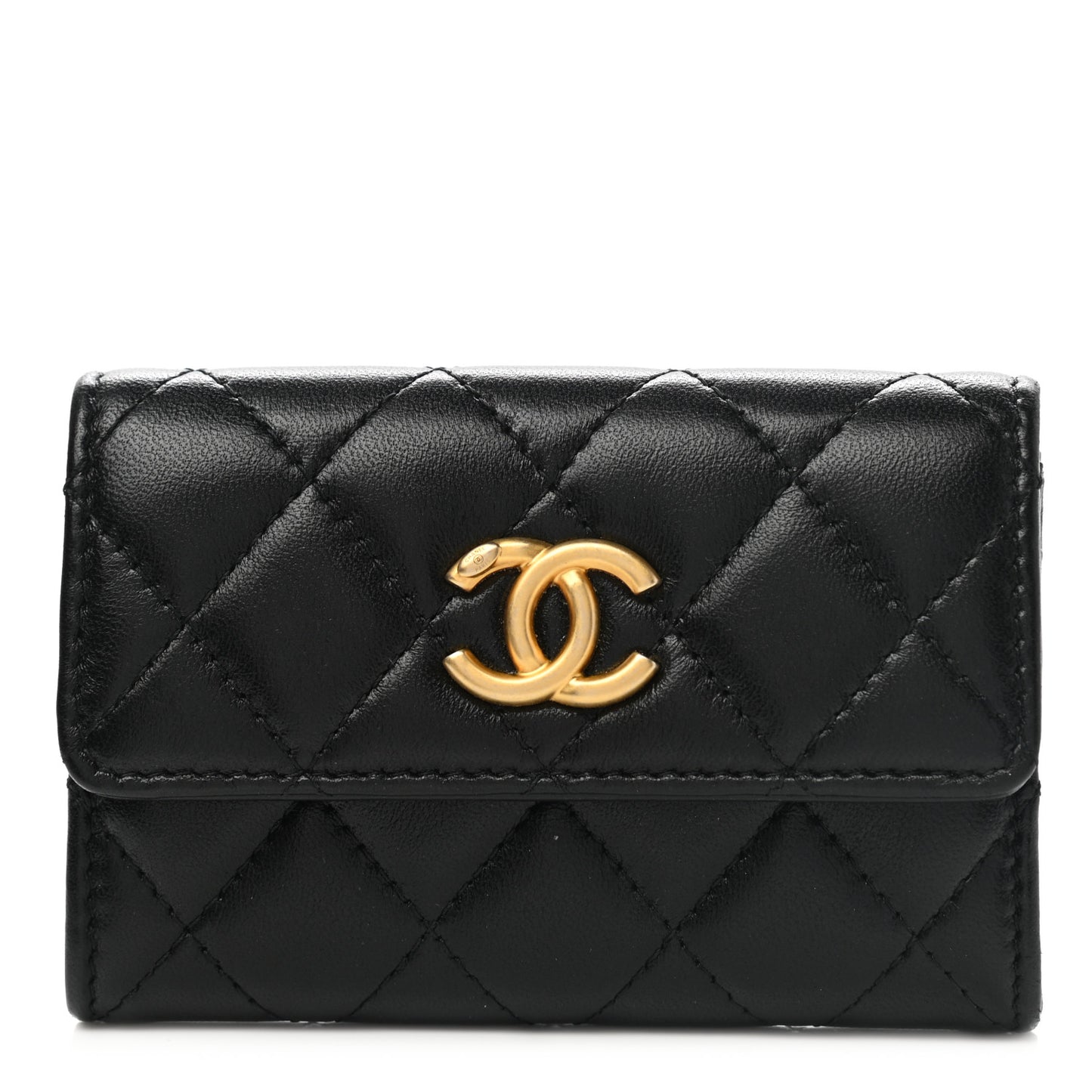 Lambskin Quilted Flap Card Holder Black