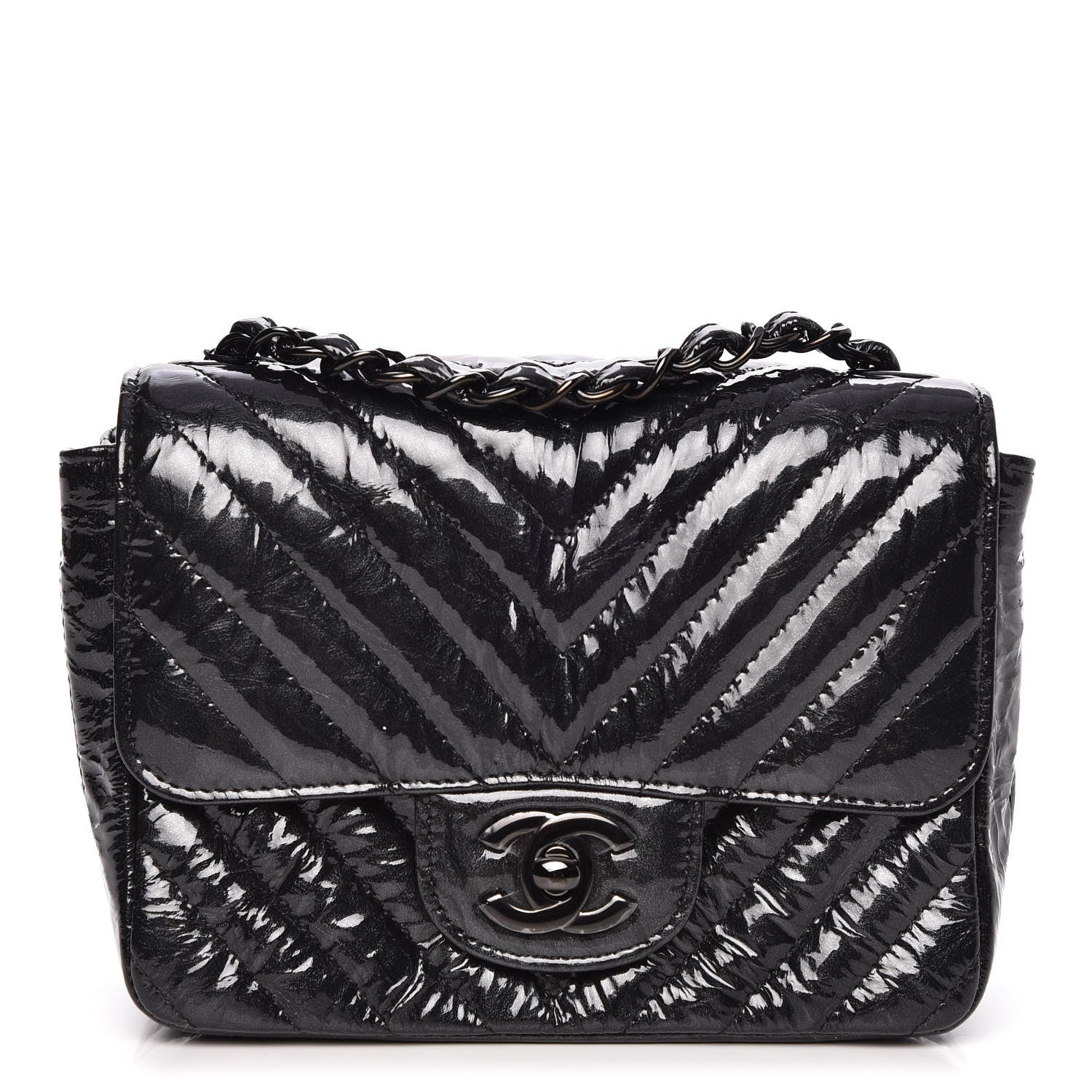 Chanel Metallic Patent Crumpled Calfskin Chevron Quilted Mini Square Flap Black 1 of 7