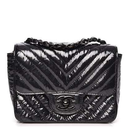 Chanel Metallic Patent Crumpled Calfskin Chevron Quilted Mini Square Flap Black 1 of 7
