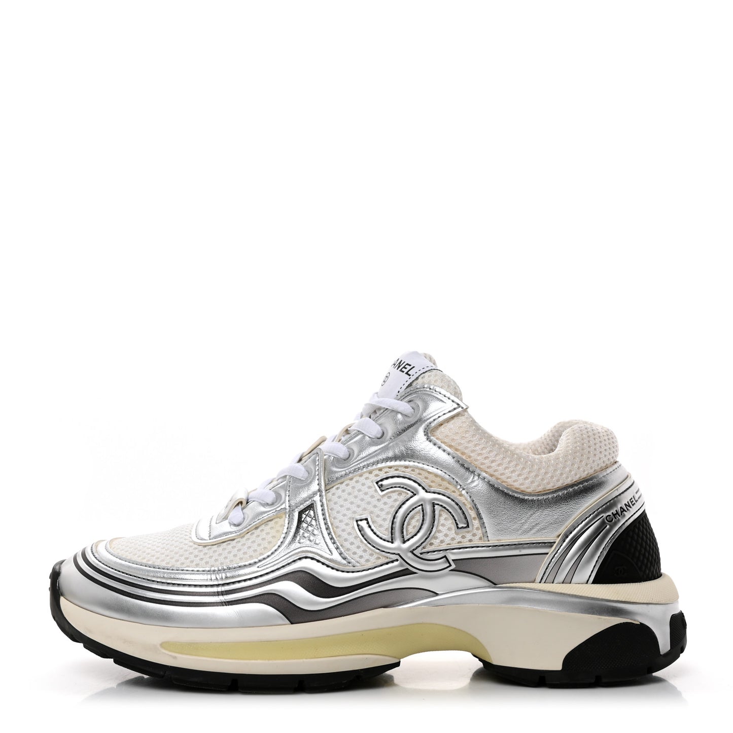 Fabric Laminated Calfskin Stretch CC Womens Sneakers 38.5 White Silver