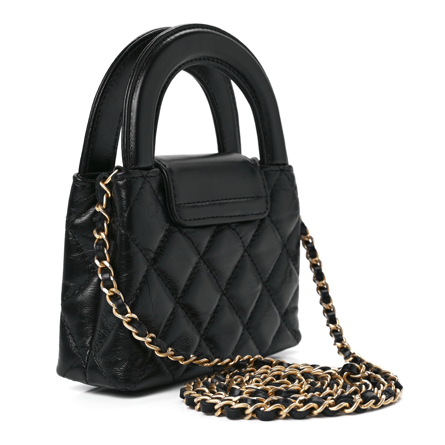 Shiny Aged Calfskin Quilted Mini Nano Kelly Shopper Black