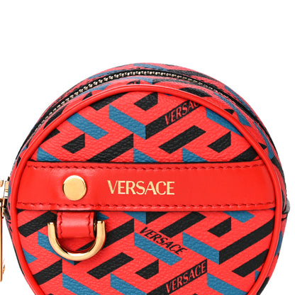 Versace Coated Canvas Calfskin La Greca Round Zip Pouch Blue Red 7 of 9