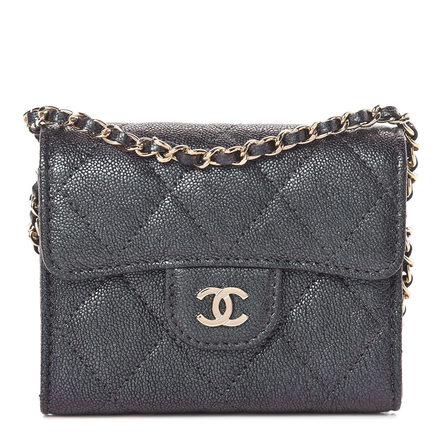 Iridescent Caviar Quilted Flap Card Holder On Chain Black