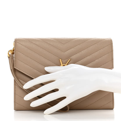 Saint Laurent Grain De Poudre Matelasse Chevron Monogram Envelope Clutch Dark Beige 2 of 10