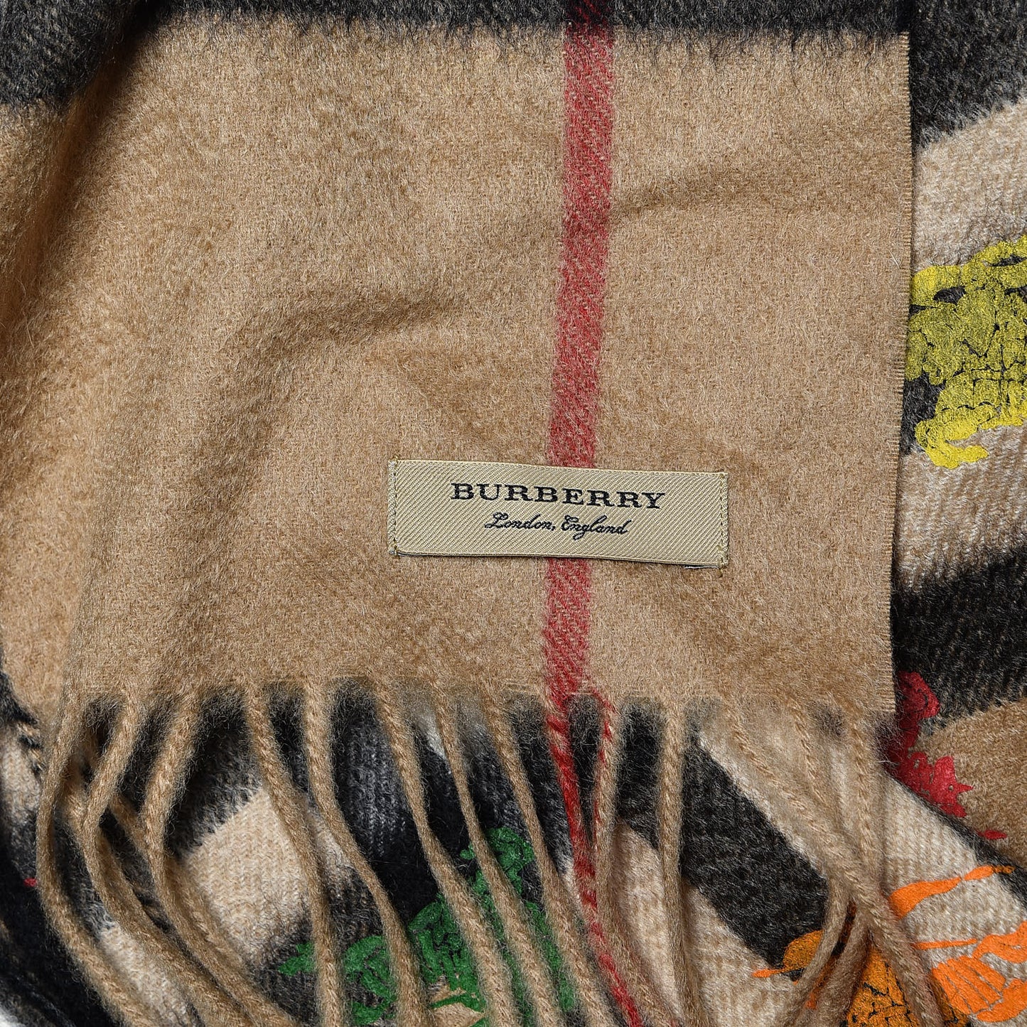 Cashmere Giant Check EKD Fringe Scarf Camel Multicolor