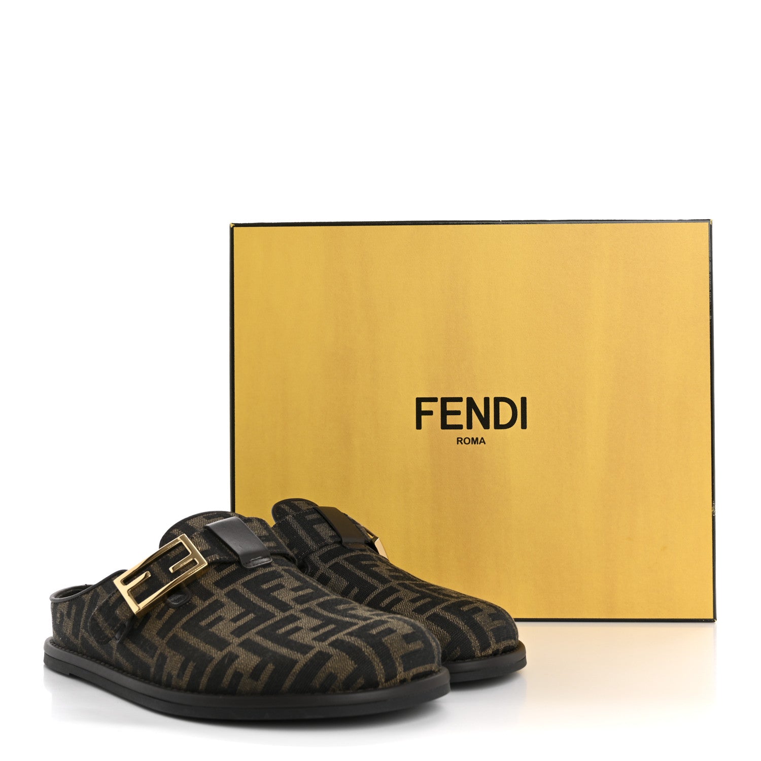 Fendi Fabric Jacquard Nappa FF Womens Sabot Mules 39 Tobacco Black 10 of 10