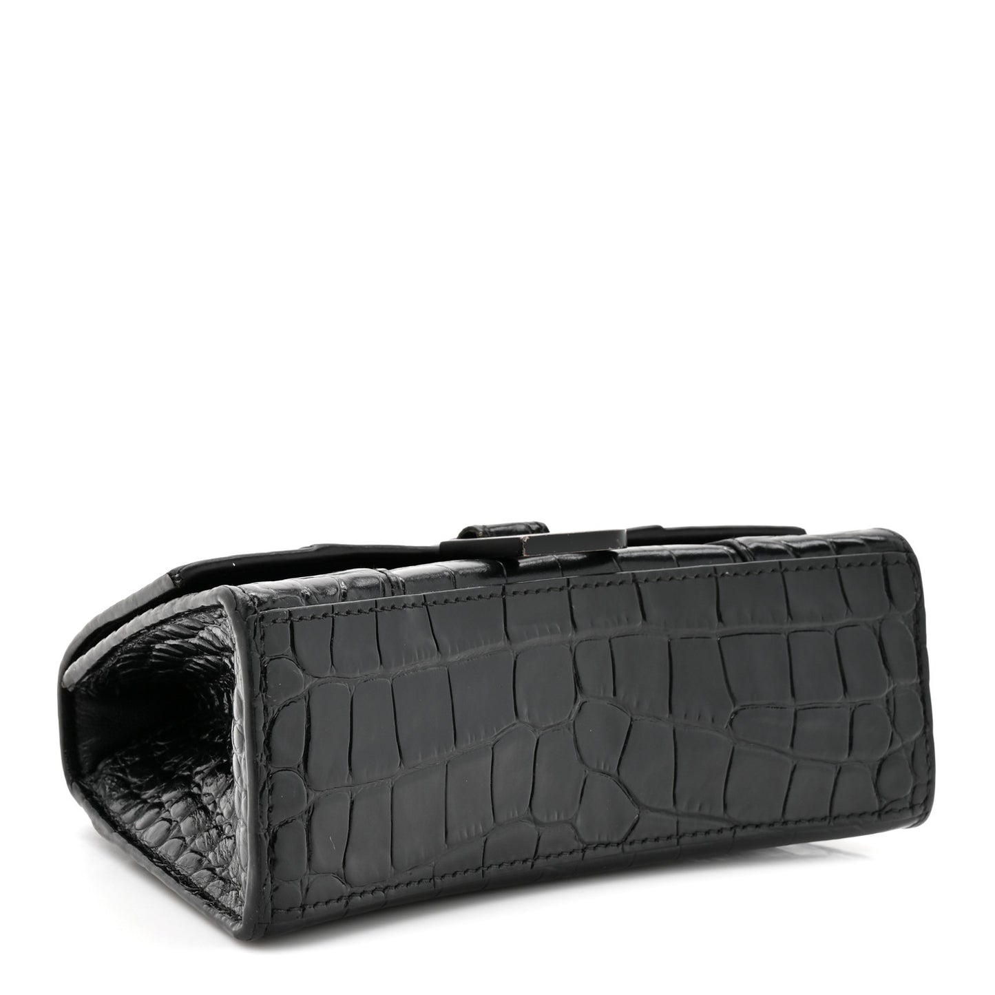 Shiny Calfskin Monochrome Crocodile Embossed Hourglass Top Handle Bag XS Black