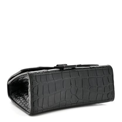 Balenciaga Shiny Calfskin Monochrome Crocodile Embossed Hourglass Top Handle Bag XS Black 4 of 17