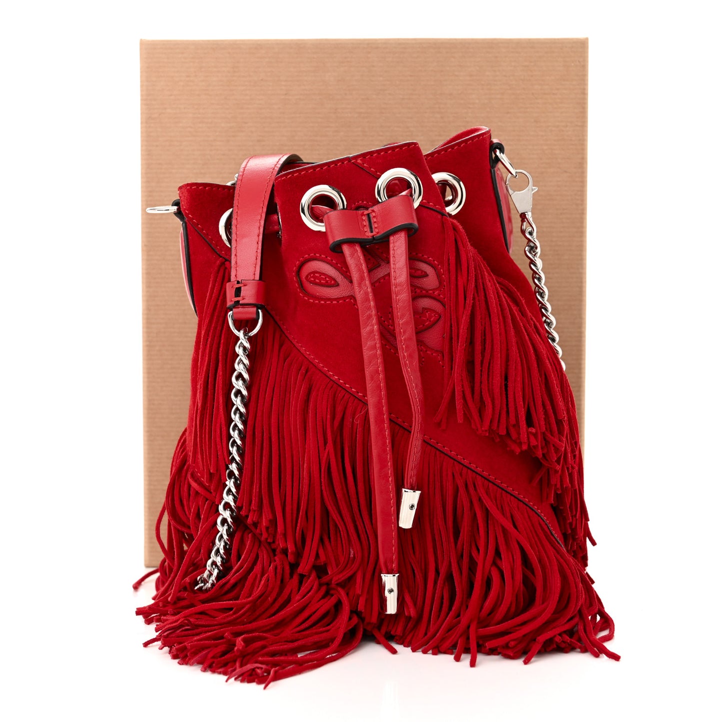 Suede Calfskin Fringe Marie Jane Bucket Red