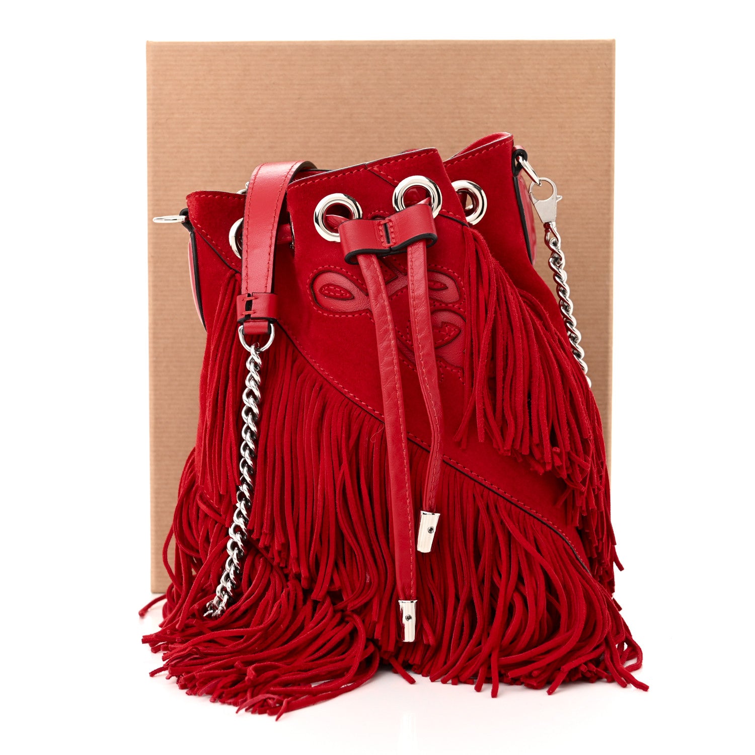 Christian Louboutin Suede Calfskin Fringe Marie Jane Bucket Red 12 of 12