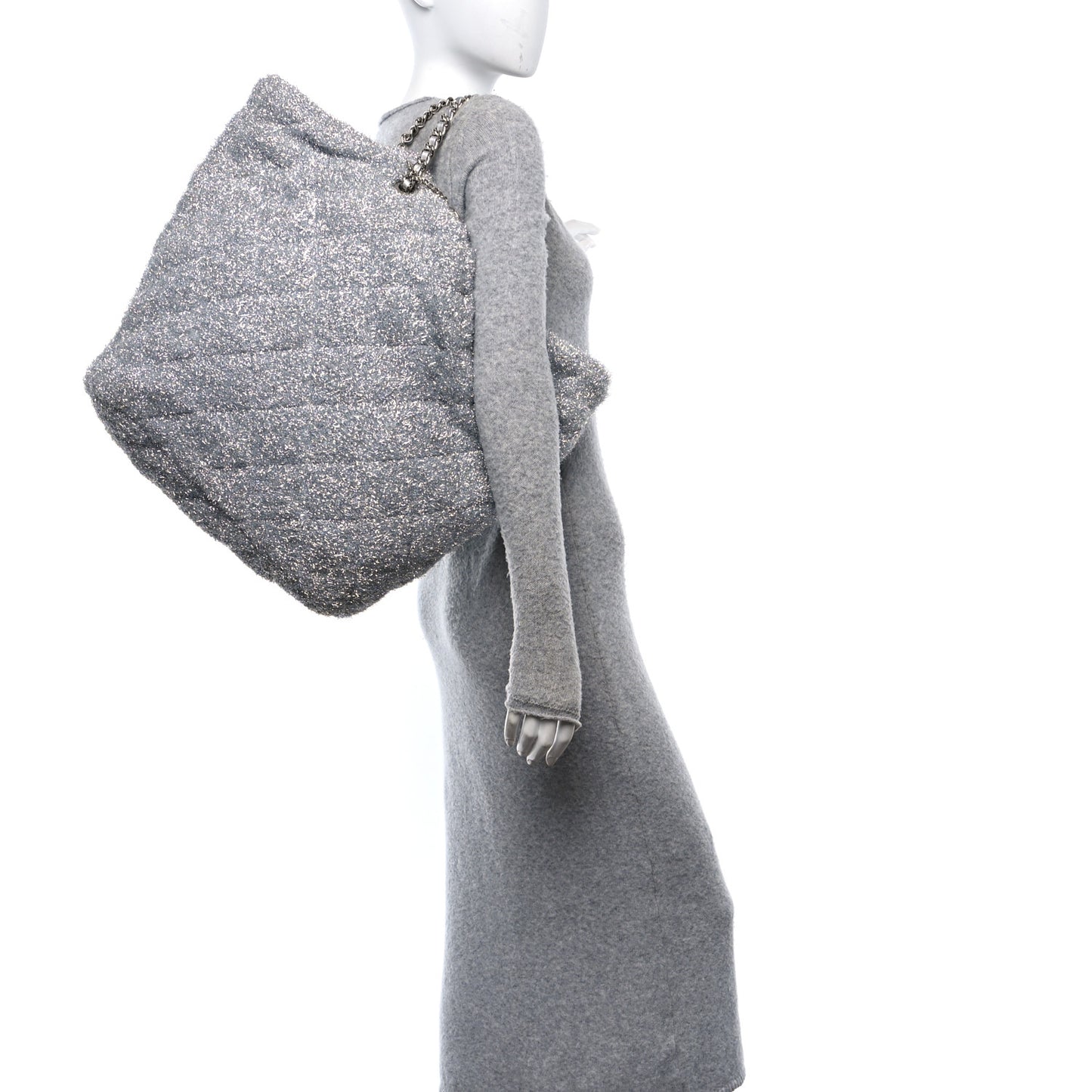 Knit Metallic Lambskin Large Shopping Tote Silver
