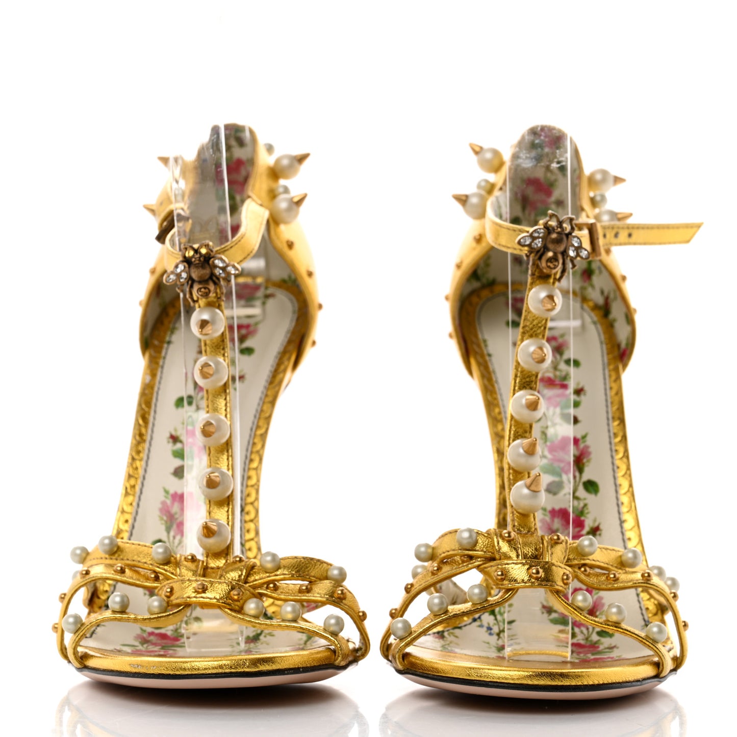 Metallic Nappa Silk Pearl Studded Regina T-Strap High Heel Sandals 37.5 Oro Vecchio