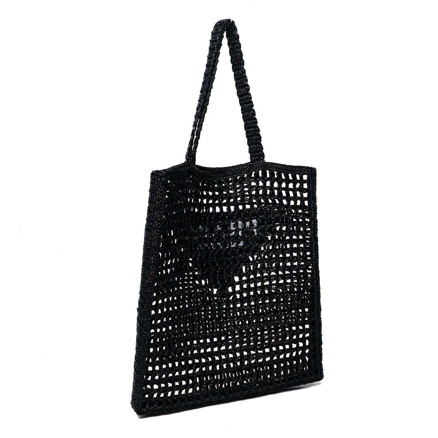 Yarn Raffia Effect Crochet Logo Embroidered Tote Bag Black