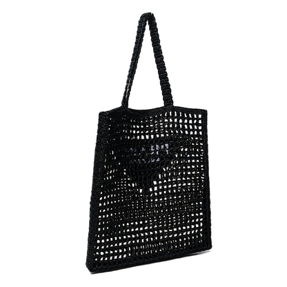 Prada Yarn Raffia Effect Crochet Logo Embroidered Tote Bag Black 3 of 9