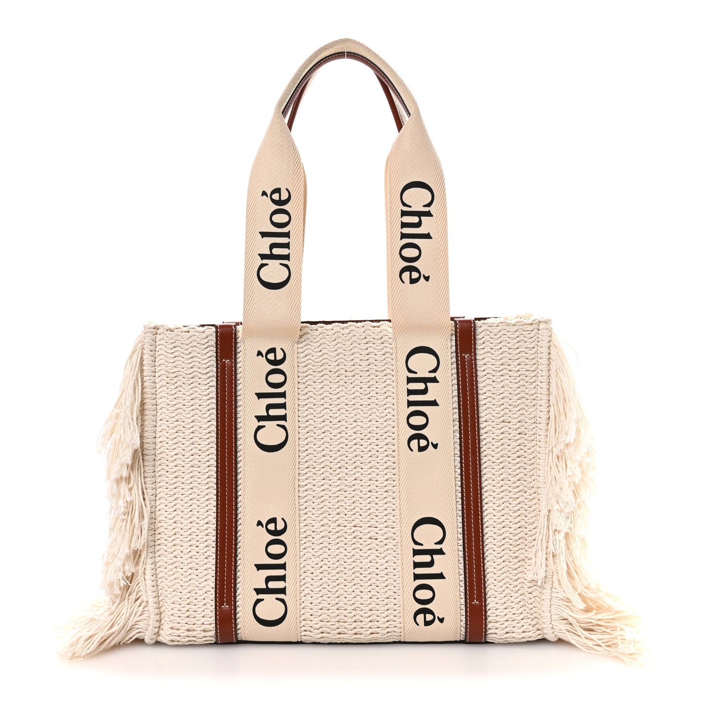 Cotton Calfskin Medium Woody Ribbon Fringe Tote Sepia Brown