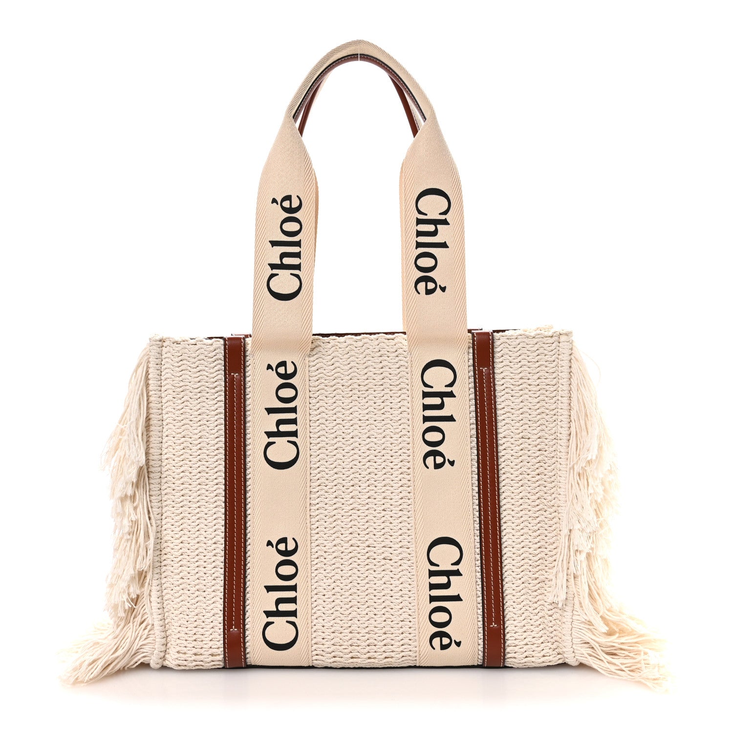 Chloe Cotton Calfskin Medium Woody Ribbon Fringe Tote Sepia Brown 1 of 10