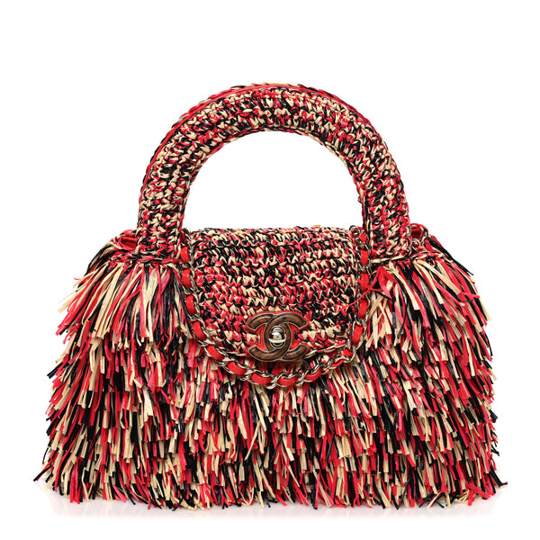 Chanel Raffia Fringe Nano Kelly Shopper Red Beige Black 1878786