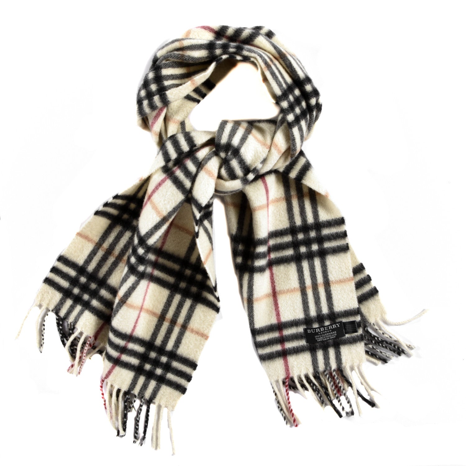 Burberry Cashmere Vintage Check Fringe Scarf Ivory 1 of 3