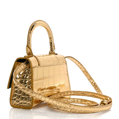 Balenciaga Metallic Calfskin Crocodile Embossed Hourglass Top Handle Bag Mini Gold 3 of 17