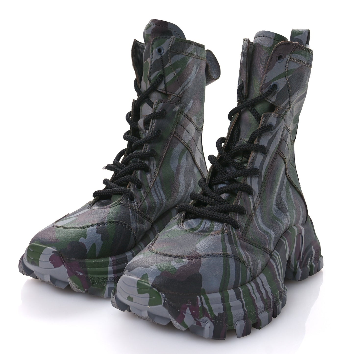 Crackled Calfskin Camo Print Platform Combat Boots 41 Multicolor